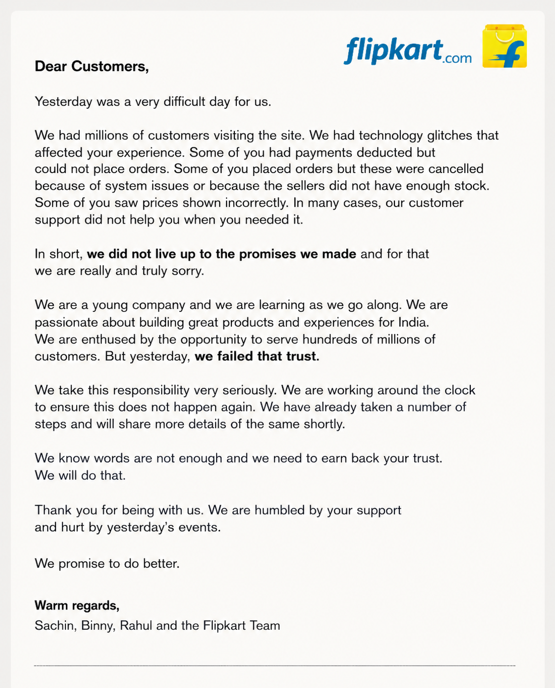 Flipkart founders' public apology letter — Big Billion Day crisis