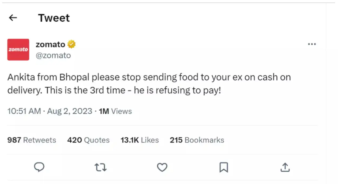 Zomato tweet — Ankita from Bhopal, cash on delivery