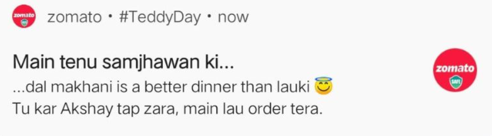 Zomato push notification — Main tenu samjhawan ki, Teddy Day