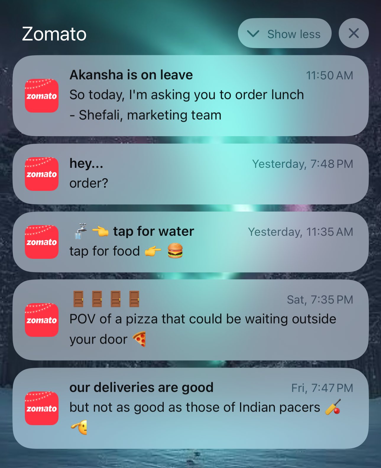 Zomato witty push notifications — Akansha is on leave, tap for water, POV of a pizza