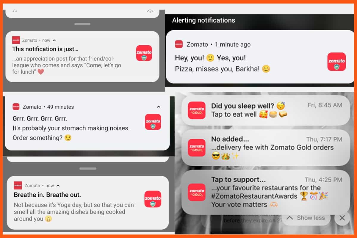 Zomato push notifications collage — brand voice examples